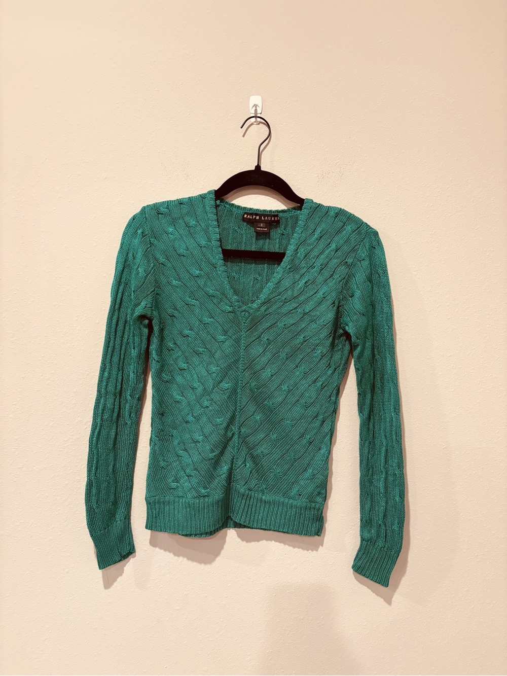 Ralph Lauren Teal Cable-Knit V-Neck Sweater Silk Luxury Preppy Casual Classic